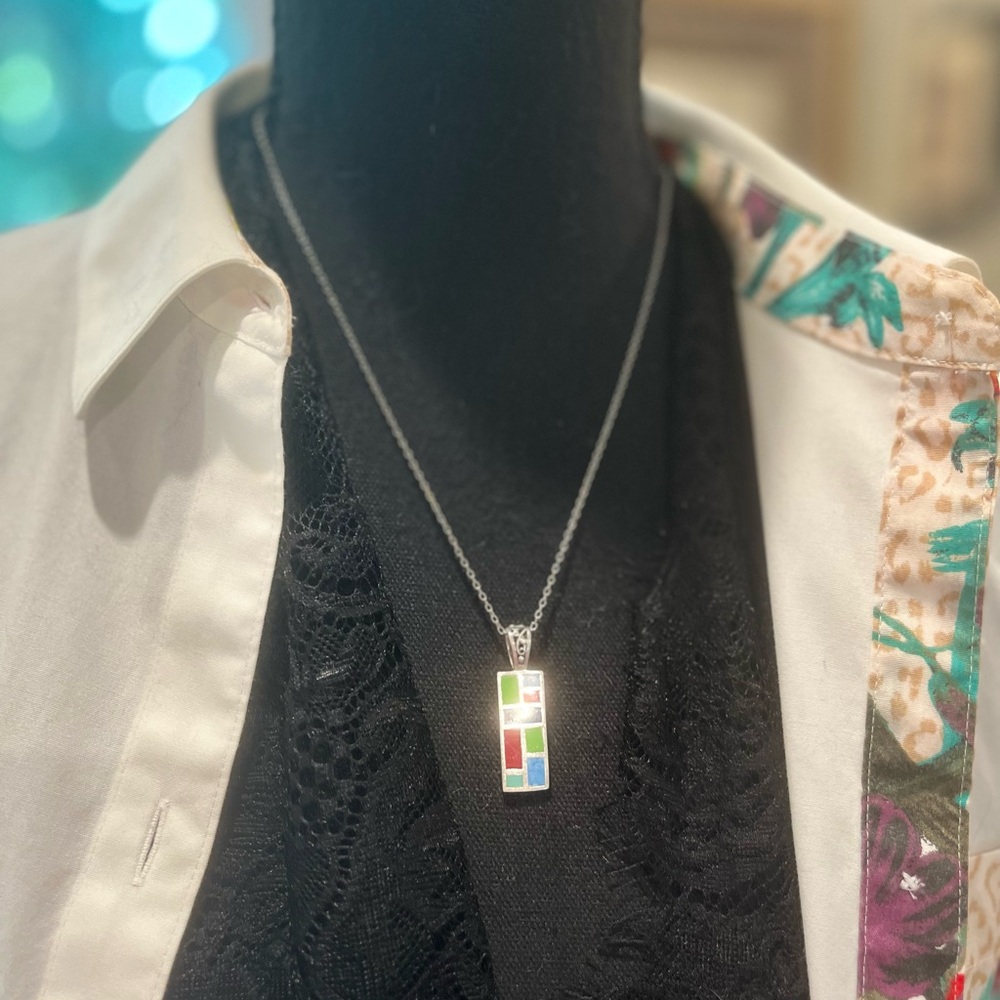 Multi Stone Inlay Sterling Pendant on Sterling Chain 20”